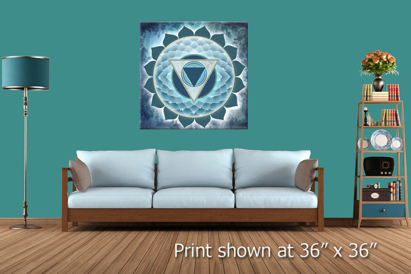 Color in Space Throat Chakra Stretched Canvas Print in Benjamin Moore Paint Colors in living room
