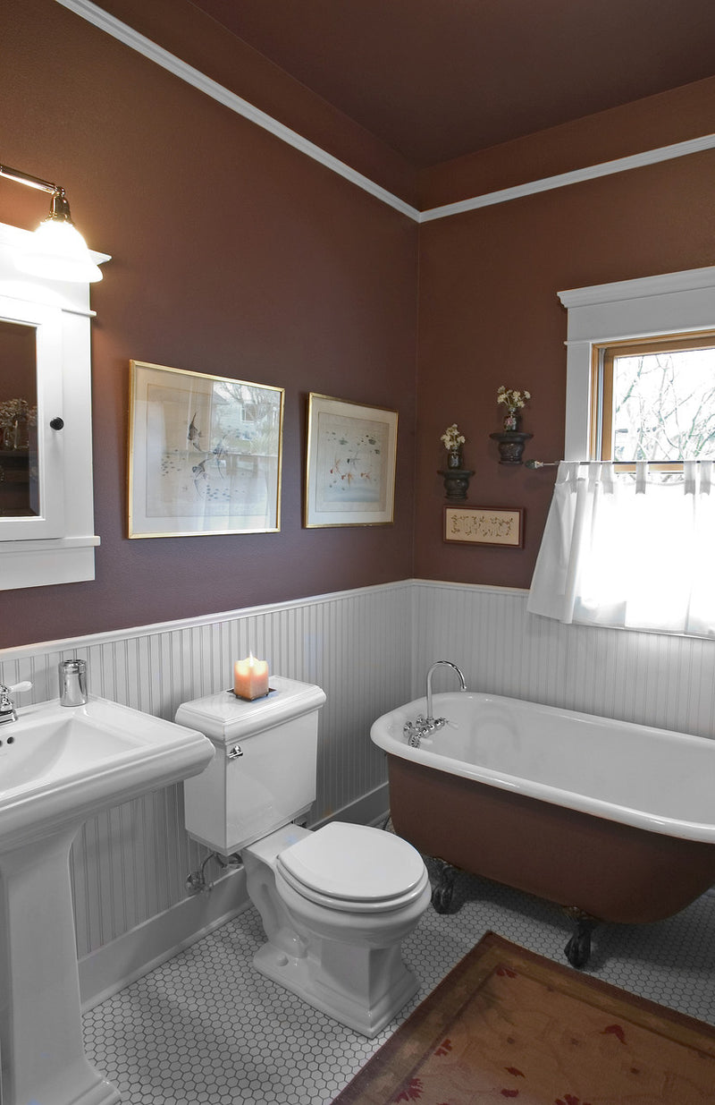 Color in Space Cabin Dwelling Palette in bathroom with beadboard wainscot.