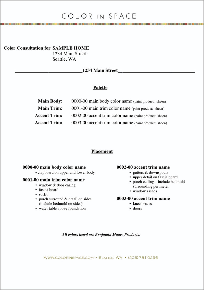 SAMPLE Specs Sheet, showing an example layout of the .pdf download for any Exterior Color Palettes by Color In Space